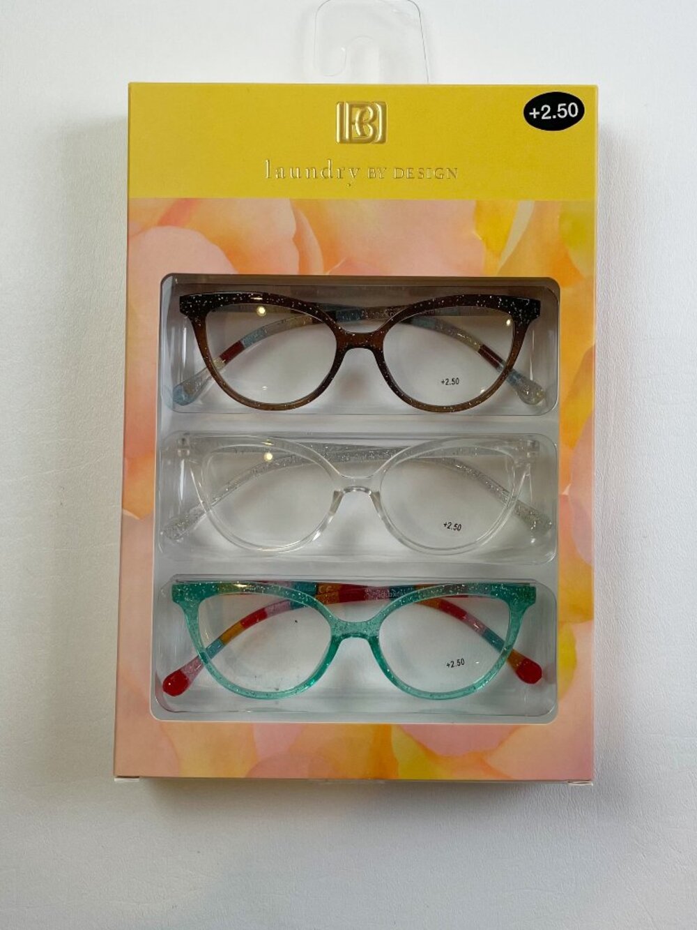 Laundry by Design 3 Pack Reading Glasses +2.50 Brown Clear Aqua Glitter New